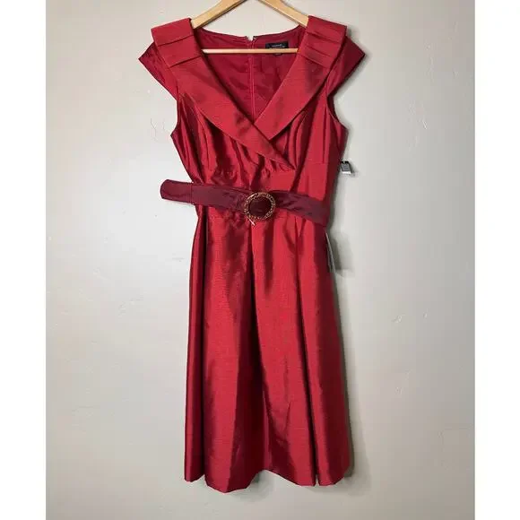 NEW Tahari ASL Crushed Taffeta Red Holiday Cocktail Midi Dress 10 NWT - Picture 2 of 7